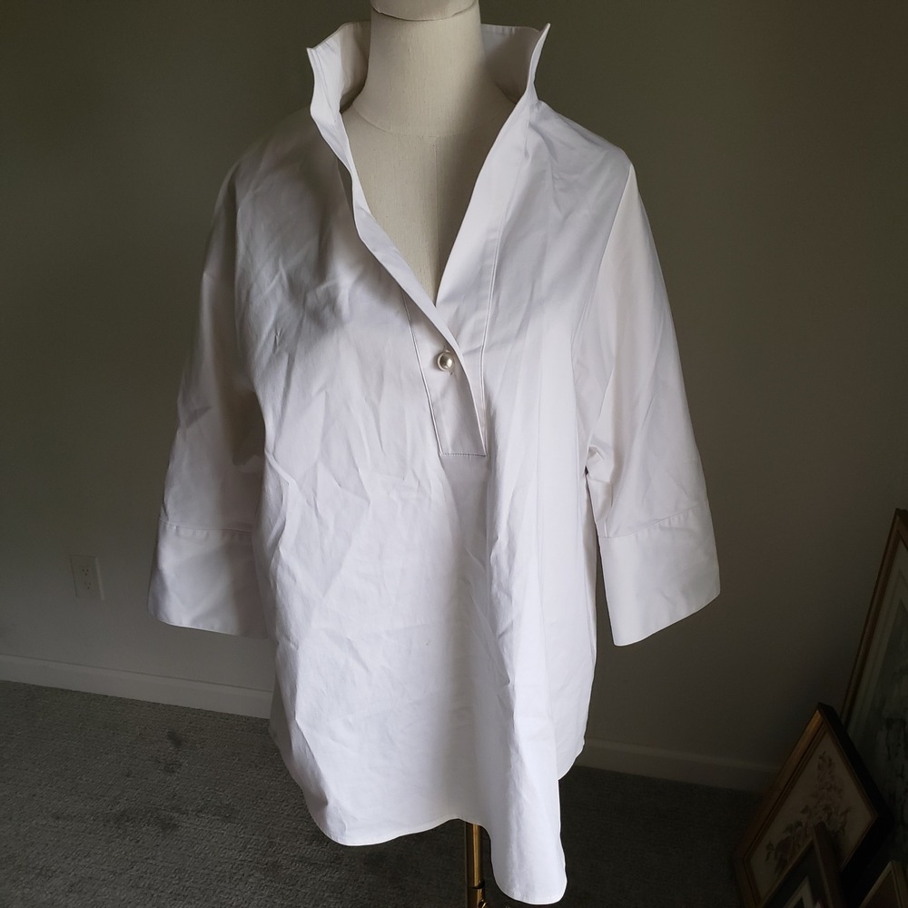 Tuckernuck Willow Blouse Popover Stand Collar 3/4 Sleeve Pearl Button White M